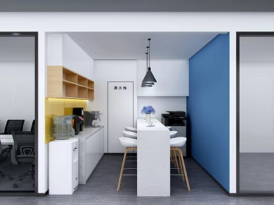 Modern Office Break Room With White Cabinets Wooden Shelves Island Counter And Blue Walls 3d model