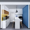 Modern Office Break Room With White Cabinets Wooden Shelves Island Counter And Blue Walls
