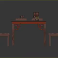 Chinese traditional red table and chair set with carved chairs and decorative tabletop items