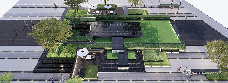 Modern Outdoor Garden Design With Green Lawn Black Paving White Umbrellas And Seating Furniture 3d model 