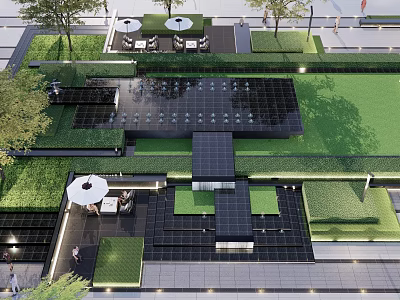 Modern Outdoor Garden Design With Green Lawn Black Paving White Umbrellas And Seating Furniture 3d model
