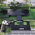 Modern Outdoor Garden Design With Green Lawn Black Paving White Umbrellas And Seating Furniture