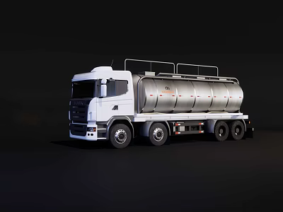 White Utility Tanker Truck With Large Silver Storage Tank And Multiple Wheels 3d model