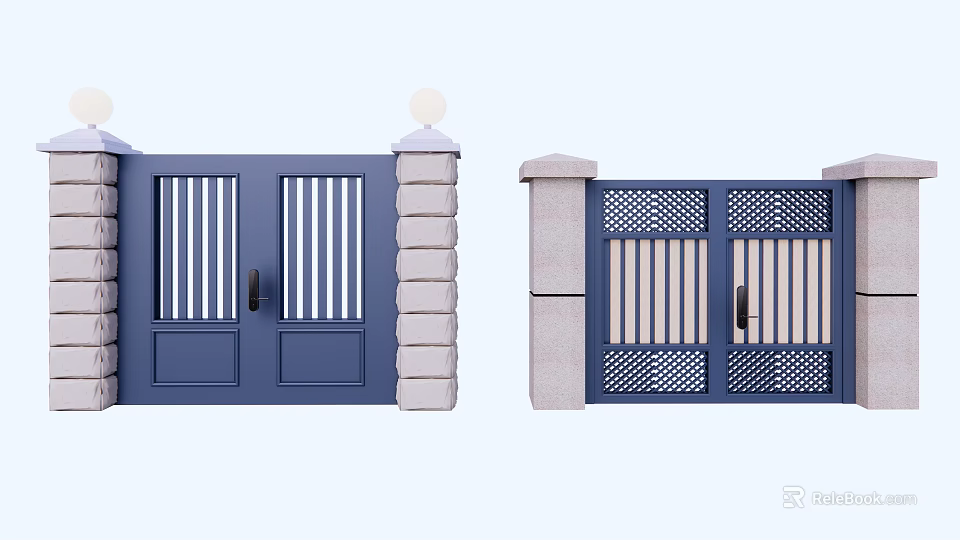 Building Exterior Wall Featuring Blue Gates Stone Pillars And Grille Design 3d model