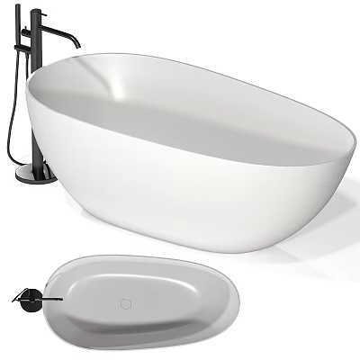 Modern White Oval Freestanding Bathtub With Black Faucet In Bathroom 3d model