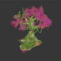 Cartoon Style Fantasy Tree With Red Orange Leaves And Green Vines On Pink Base