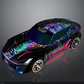 Black Sports Car with Colorful Neon Effects Intricate Patterns Illuminated Wheels and Dark Background Reflections