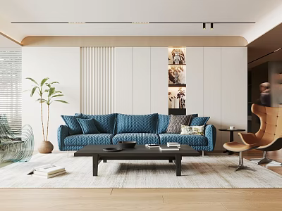 Modern Living Room Interior Design With Blue Sofa Black Coffee Table And Decorative Paintings 3d model
