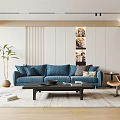 Modern Living Room Interior Design With Blue Sofa Black Coffee Table And Decorative Paintings