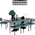 Dining Table Set with Teal Velvet Chairs Marble Tabletop and Decorative Vase Green Topiary