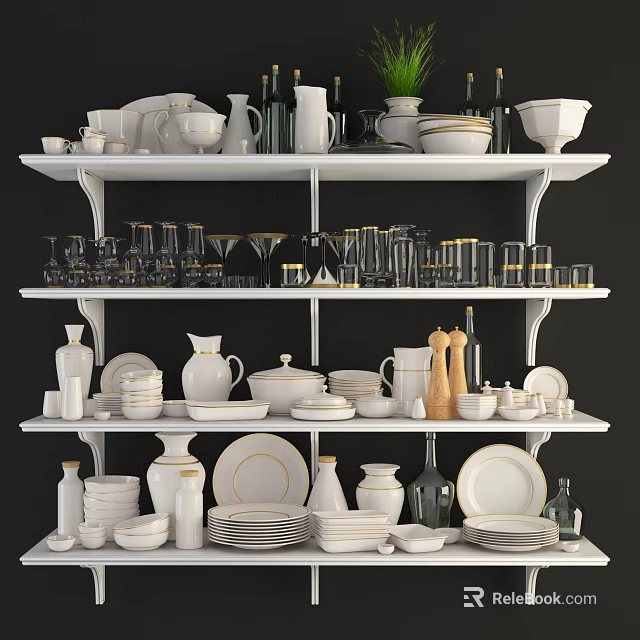 Organized Kitchenware Display On White Shelves Featuring Plates Bowls Vases And Gold Accents 3d model 