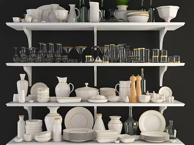 Organized Kitchenware Display On White Shelves Featuring Plates Bowls Vases And Gold Accents 3d model