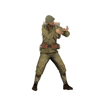 Man in Military Uniform Wearing Hat and Backpack in Action Pose 3d model