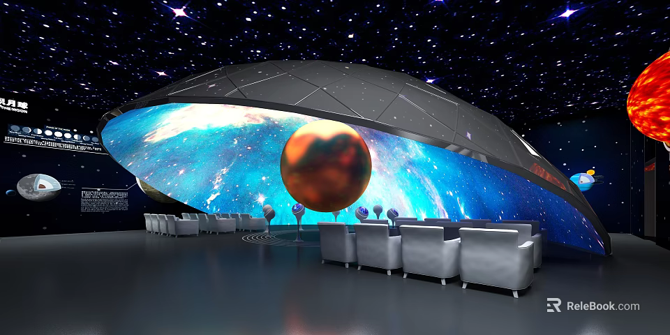 Immersive Space Themed Room With Starry Ceiling Curved Screen Digital Planet And White Sofas 3d model 