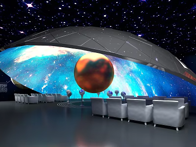 Immersive Space Themed Room With Starry Ceiling Curved Screen Digital Planet And White Sofas 3d model