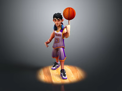 Cartoon Basketball Player In Purple Jersey Holding Ball On Wooden Floor 3d model