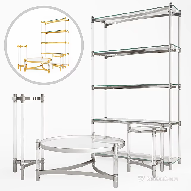 Modern Transparent Shelving Unit With Multi Tier Glass Shelves And Metal Frame 3d model 