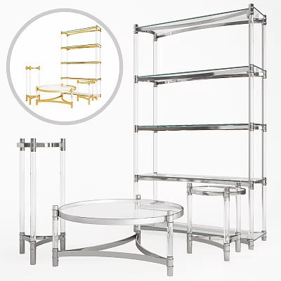 Modern Transparent Shelving Unit With Multi Tier Glass Shelves And Metal Frame 3d model