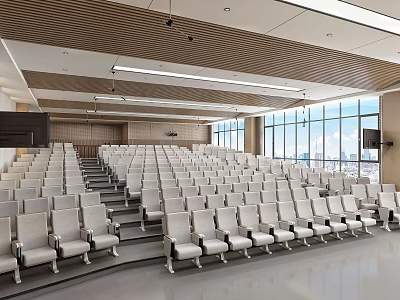 School Modern Lecture Hall Interior With White Seats Large Windows And Wooden Ceiling 3d model