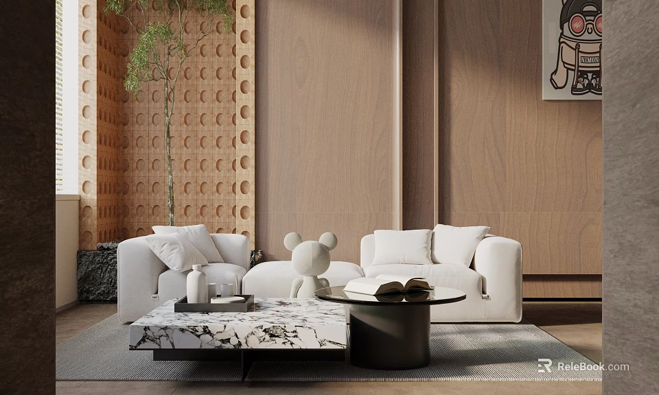 Modern White Sofa and Coffee Table Set with Plush Toy Books and Wooden Wall Decor 3d model 