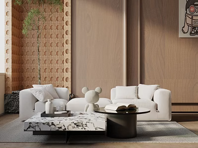 Modern White Sofa and Coffee Table Set with Plush Toy Books and Wooden Wall Decor 3d model