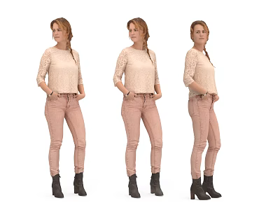 Three Women Wearing Light Lace Tops Pink Skinny Pants And Black Boots From Different Angles 3d model