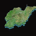 Detailed Geographical Terrain Map with Green Land and Blue Coastline Outline