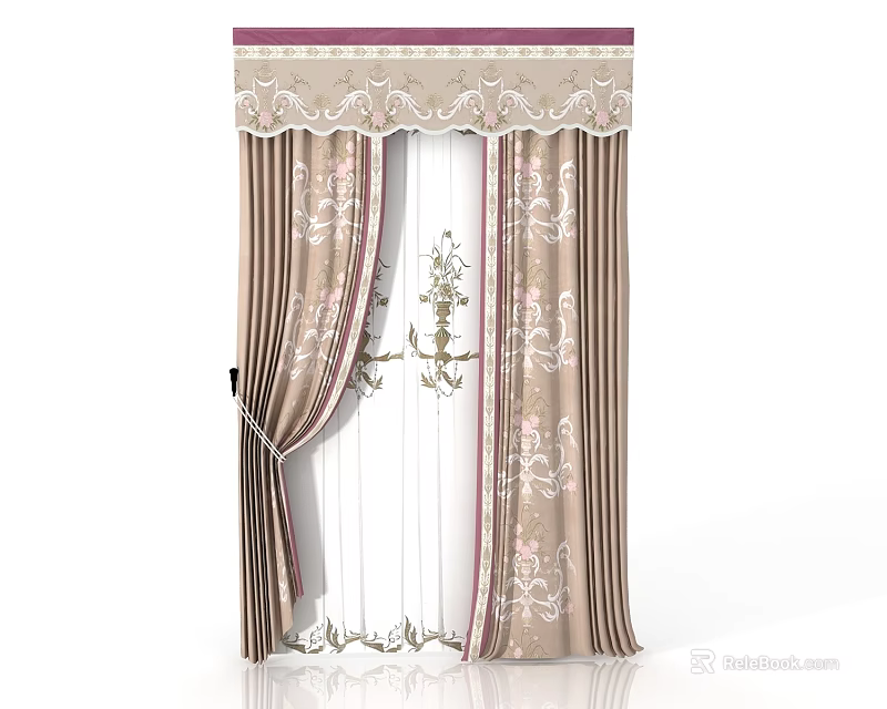 Elegant Curtain With Beige Floral Patterns Valance And Brown Tiebacks Design 3d model