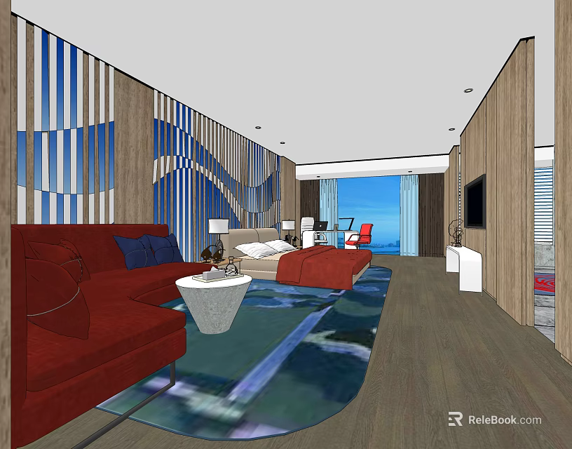 Hotel Guest Room Interior With Red Sofa Red Bedding Blue Striped Wall And Ocean View 3d model 
