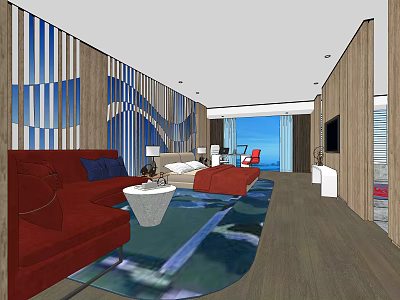 Hotel Guest Room Interior With Red Sofa Red Bedding Blue Striped Wall And Ocean View 3d model