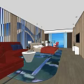 Hotel Guest Room Interior With Red Sofa Red Bedding Blue Striped Wall And Ocean View