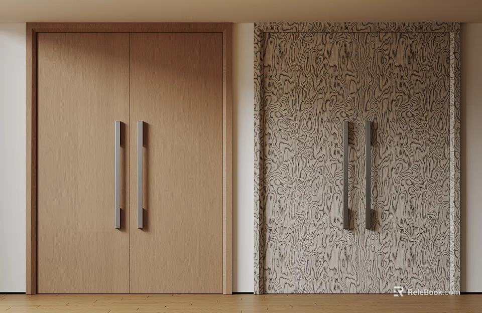 Modern Wooden Double Doors With Metal Handles And Textured Wall Interior 3d model 