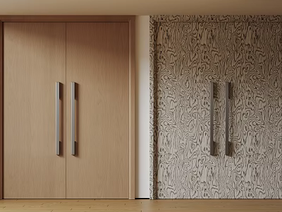 Modern Wooden Double Doors With Metal Handles And Textured Wall Interior 3d model