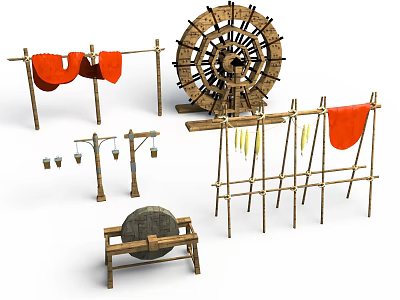 Traditional Rural Scene Components Including Wooden Waterwheel Clothes Drying Racks Stone Mill And Lanterns 3d model