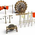 Traditional Rural Scene Components Including Wooden Waterwheel Clothes Drying Racks Stone Mill And Lanterns
