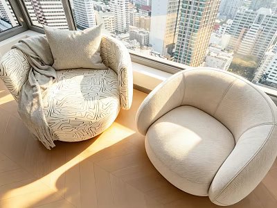 Modern Upholstered Single Sofa With Throw Pillow And Blanket By Large Window City View 3d model