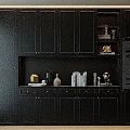 Modern Black Sideboard With Cabinets Drawers Open Shelves And Decorative Items