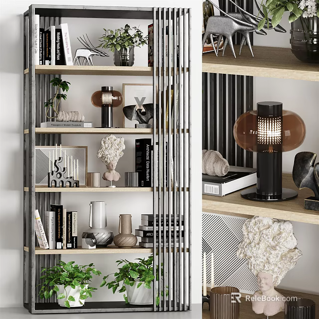 Modern Bookcase Interior With Books Decorative Pieces Green Plants And Lamp 3d model 