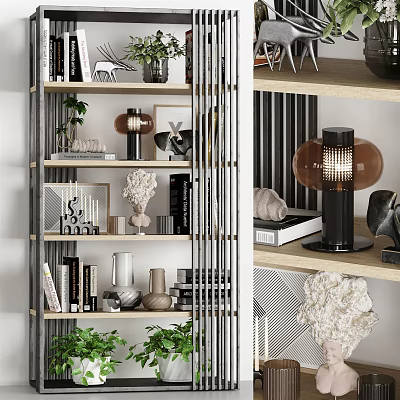 Modern Bookcase Interior With Books Decorative Pieces Green Plants And Lamp 3d model