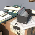 Organized Workspace Desk And Chair Set With Documents Boxes Framed Pictures Tripod And Computer