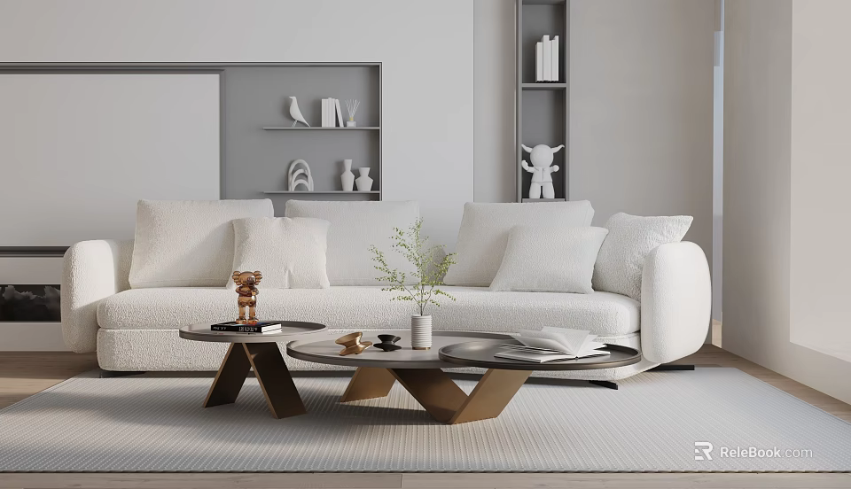 White Three-Seater Sofa in Modern Minimalist Living Room with Coffee Table Green Plant and Books 3d model 
