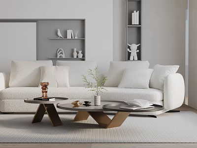 White Three-Seater Sofa in Modern Minimalist Living Room with Coffee Table Green Plant and Books 3d model