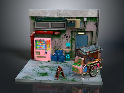 Vintage Urban Street Corner Scene With Old Wall Pink Vending Machine And Wooden Stall 3d model