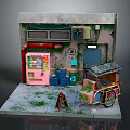 Vintage Urban Street Corner Scene With Old Wall Pink Vending Machine And Wooden Stall