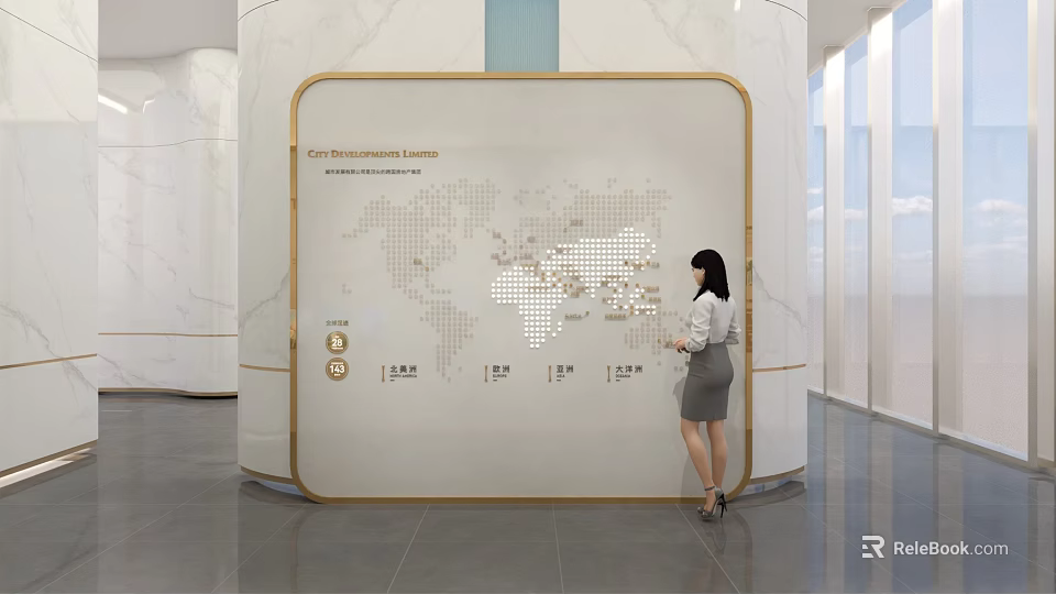 Sales Office Modern Interior Featuring World Map Display Wall And City Layout 3d model