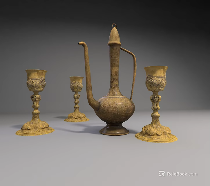 Vintage Golden Ceramic Vessels With Carved Patterns Including Ewer And Goblets 3d model 