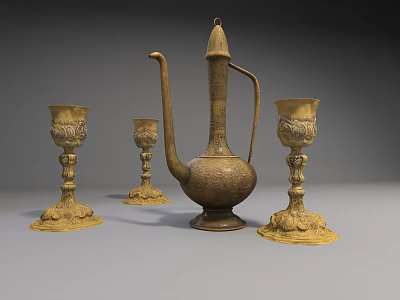 Vintage Golden Ceramic Vessels With Carved Patterns Including Ewer And Goblets 3d model