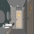 Public Restroom Design with Green Stall Doors White Washbasins and Round Mirrors