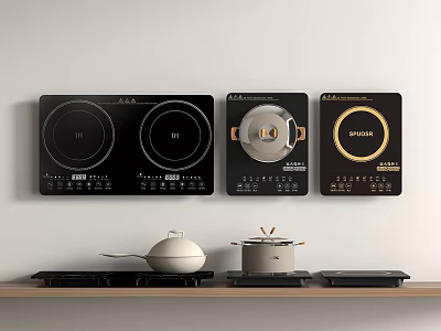 Sleek Kitchen Appliances Featuring Black Wall Mounted Electric Cooktops With Countertop Pots 3d model