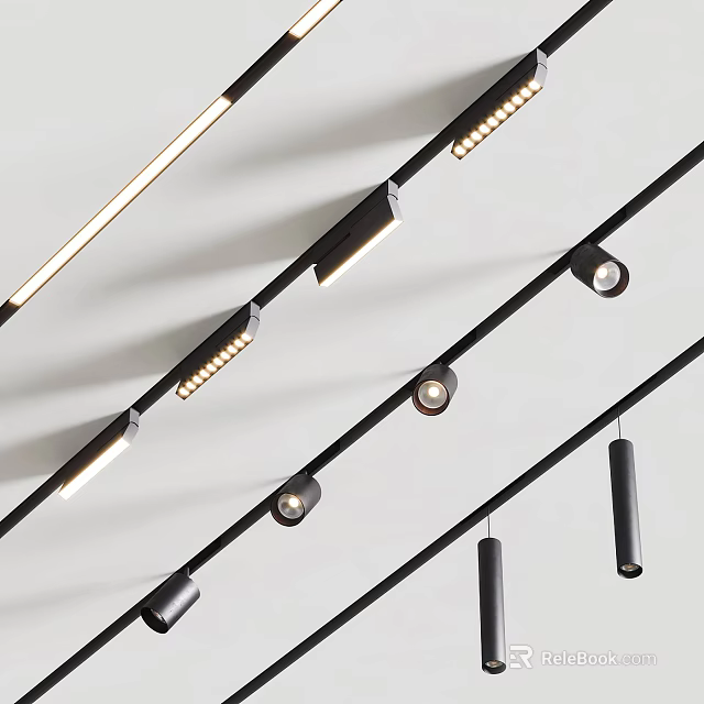 Modern Black Rail Track Mounted Downlights And Spotlights For Interior Lighting 3d model 